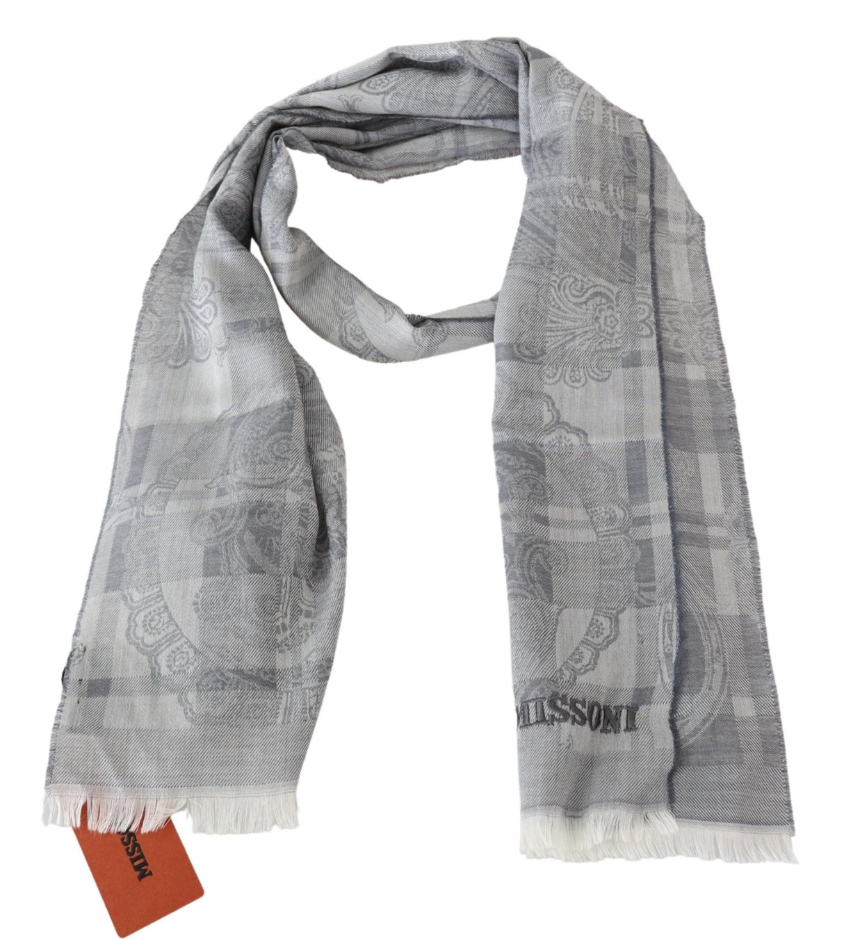 Missoni Chic Unisex Gray Wool Scarf with Logo Embroidery