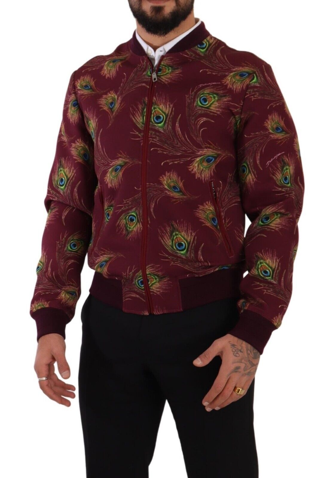 Dolce & Gabbana Radiant Red Peacock Print Bomber Jacket