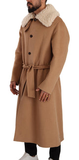 Dolce & Gabbana Opulent Beige Shearling-Collar Overcoat